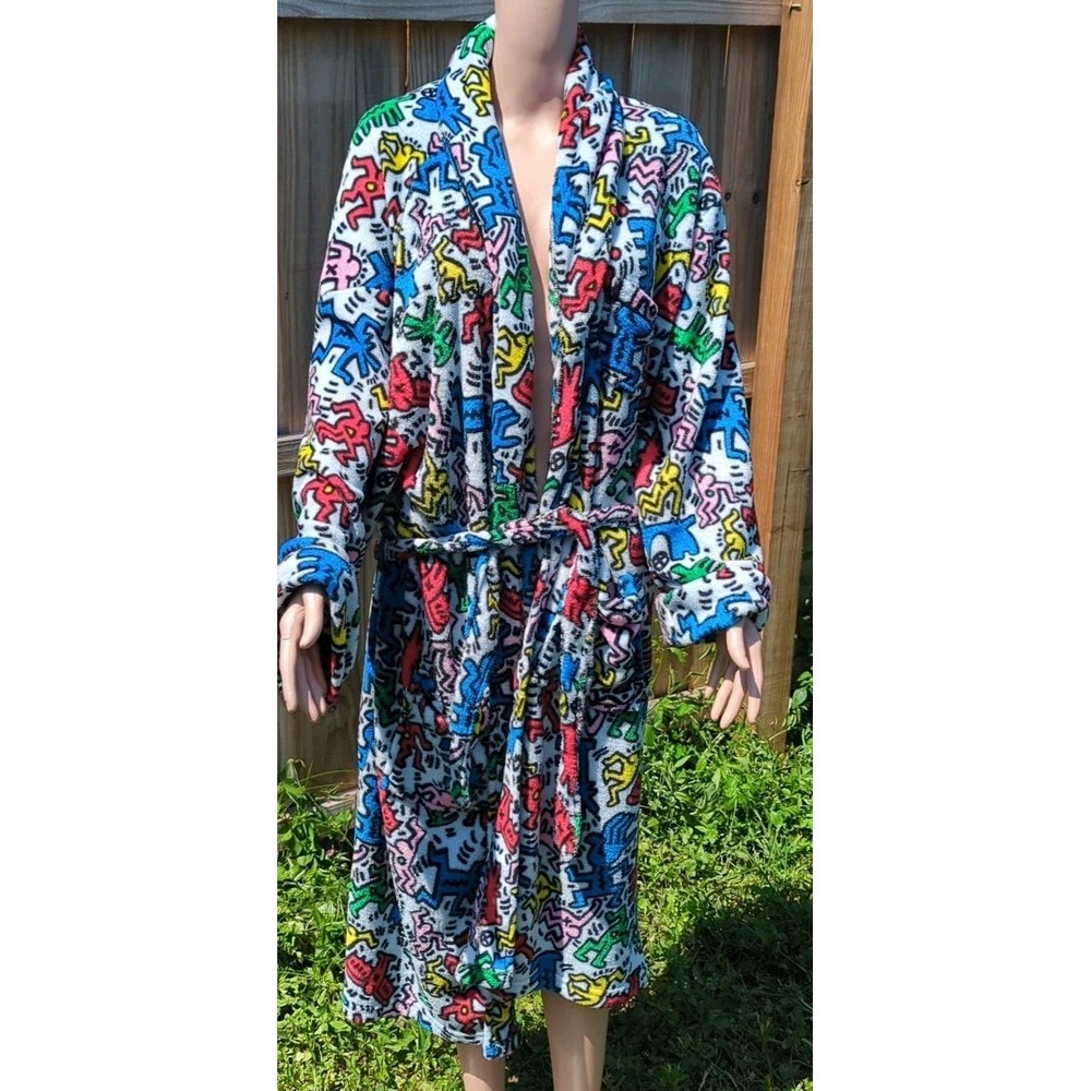 Keith Haring Allover Print Plush Fleece Belted Robe Size S Pocket Loungewear